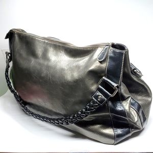 Extra Large Metallic Taupe Black Braided Straps Faux Leather Tote Bag EUC